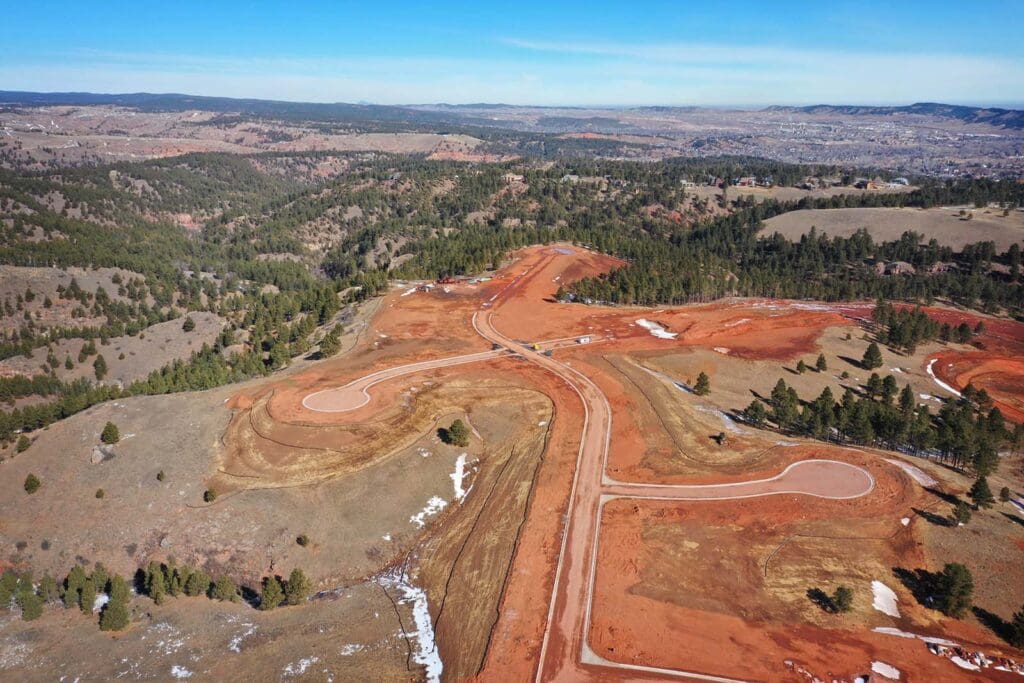 Aerial view of residential land development project in Rapid City performed by Scull Construction